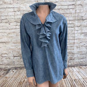 VGC LRL Ralph Lauren Chambray Ruffle Blouse SZ Medium